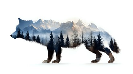 Wolf silhouette with double exposure mountain landscape and forest trees creating mystical wildlife art for nature themed designs and outdoor decor.