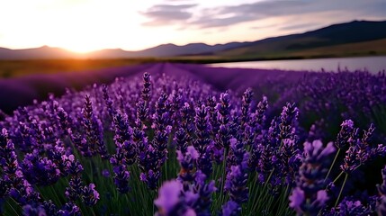 Obraz premium Lavender field at sunset with purple flowers blooming in countryside landscape. Mountain backdrop creates scenic agricultural view for aromatherapy and nature concepts.