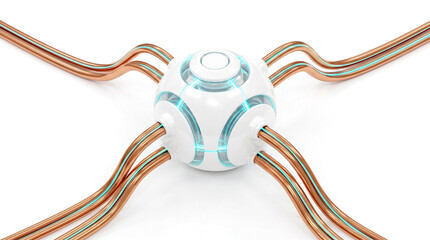 3D Render of White Smart Grid Node Connecting Copper Cables with Cyan Energy Flow Concept
