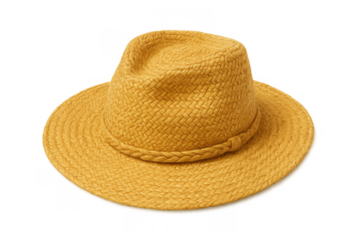Yellow straw fedora hat for summer fashion, warm weather sun protection, holiday beach accessory with braided band