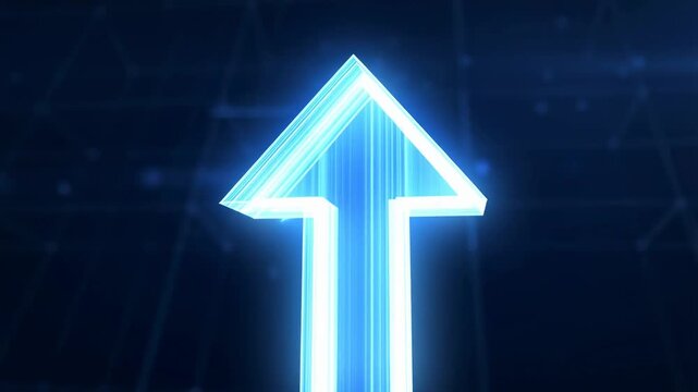 Glowing neon arrow points upward with futuristic digital data flow