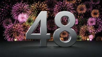 Silver number 48 with fireworks in the background. Festive scene for birthday or anniversary party