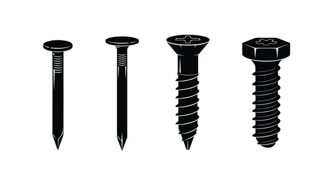 A collection of various fasteners nails screws and bolts in black and white