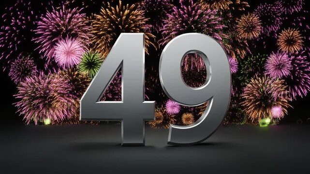 Silver number 49 with fireworks in the background. Festive scene for birthday or anniversary party