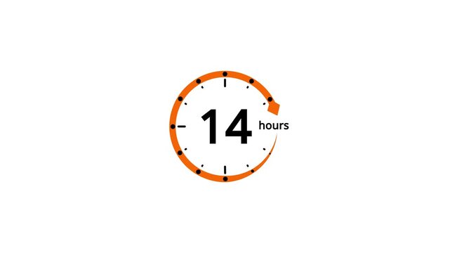 Orange circular timer icon showing 14 hours with an arrow and black dots on a white background clock