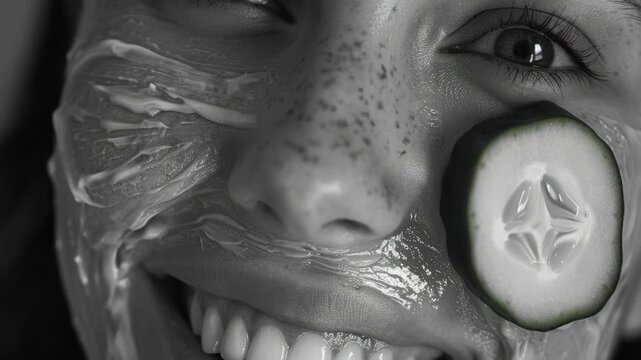 A cheerful individual wearing a facial mask, smiling, with slices of cucumbers as eye treatments.