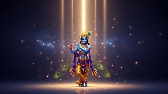 Divine Lord Krishna with Golden Light and Peacock Feathers, Hindu God Spiritual Illustration, Sacred Indian Mythology, Faith, Devotion, Meditation, Fantasy Religious Art on Dark Background