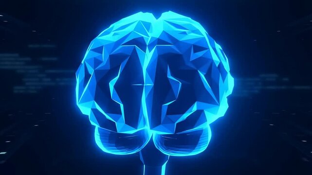 Animated rotating digital brain hologram display with blue neon lights