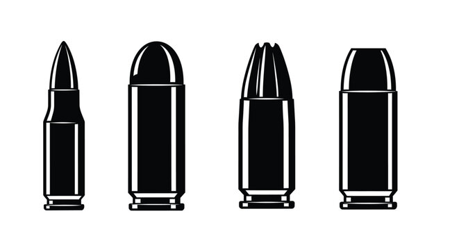 A selection of four different types of ammunition depicted in black and white