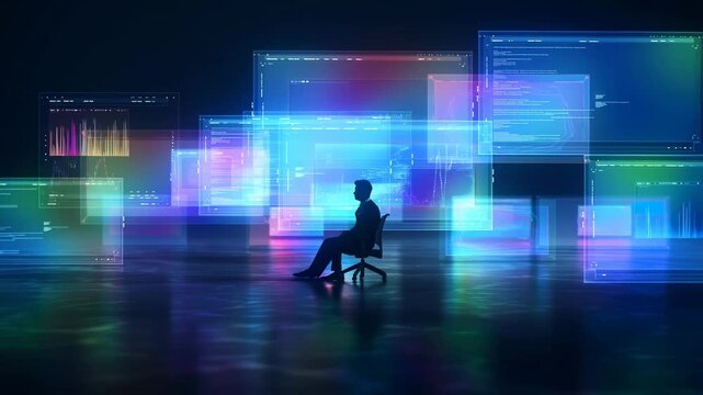 Silhouette in futuristic digital environment with colorful screens and code