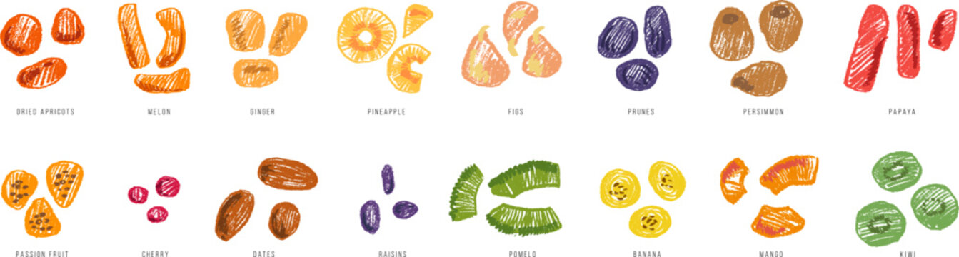 Set of vector hand drawn dried fruit. Apricot, melon, ginger, pineapple, figs, prunes, persimmon, mango, banana, pomelo, raisins, dates, cherry, passion, kiwi, papaya. Cartoon vibrant food elements.