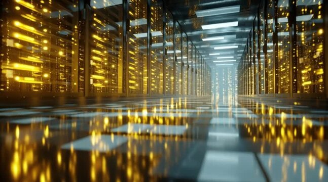 Futuristic server room with glowing golden lights and sleek architecture