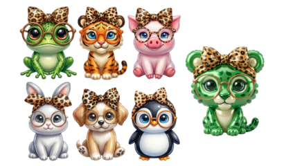 Collection Set of Cute 3D Balloon Glossy Cartoon Animals wearing Glasses and Leopard Print Bows  Transference PNG Pig Bunny cat Dog Penguin