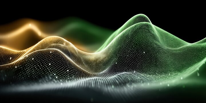 Flowing abstract digital landscape in green and gold tones, data wave visualization ideal for AI concepts, analytics dashboards, music tech and futuristic storytelling. - Powered by Adobe