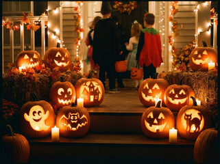 Halloween pumpkin carvings glowing at night, spooky but family-friendly