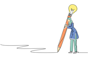 Single continuous line drawing Arab woman writes using a big pencil with a lightbulb at the end. Being creative through writing. Education. National Creativity Day. One line design vector illustration
