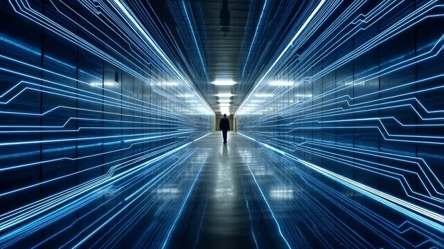 Futuristic neonlit tunnel transformation with dramatic lights and perspective shift