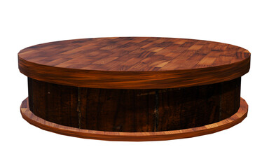 Rustic round wooden box with lid against a black background