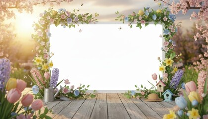Spring floral frame decoration beautiful garden digital design serene nature eye-level view creative seasonal concept for invitations and announcements