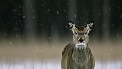 Deer in snowy field looking directly at camera with gentle expression