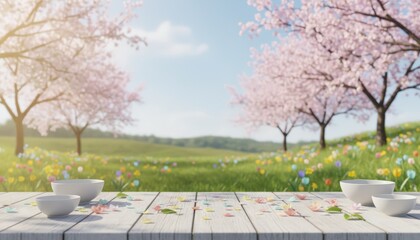 Cherry blossom celebration in springtime park vibrant nature scene with white bowls and colorful flowers serene outdoor landscape bright daylight view