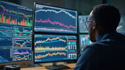 Medium shot of a financial analyst examining charts and graphs on multiple screens to predict commodity price trends using technical indicators.