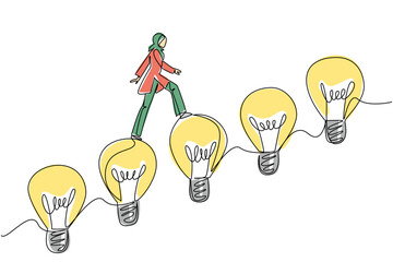 Single continuous line drawing Arab woman walks on lightbulb resemble stairs. Walk up the level with confidence. Getting past the deadlock. National Creativity Day. One line design vector illustration