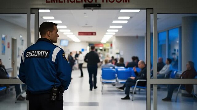 Security Personnel Monitoring Emergency Room in Hospital Environment