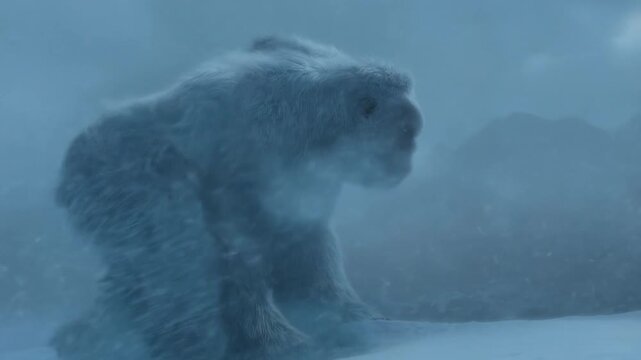 Mysterious snow creature trekking through a blustery winter mountain landscape
