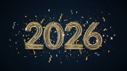 Gold confetti and ribbons celebrate the year 2026 on dark background