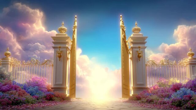 Doors Opening with Bright Light to Heaven. Soul Moving to Paradise 3d Animation. Way to God Religious Life Concept. 4k Golden gate in white clouds