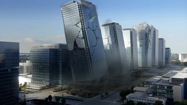 Urban cityscape transformation: tall buildings collapse into dust and ruin