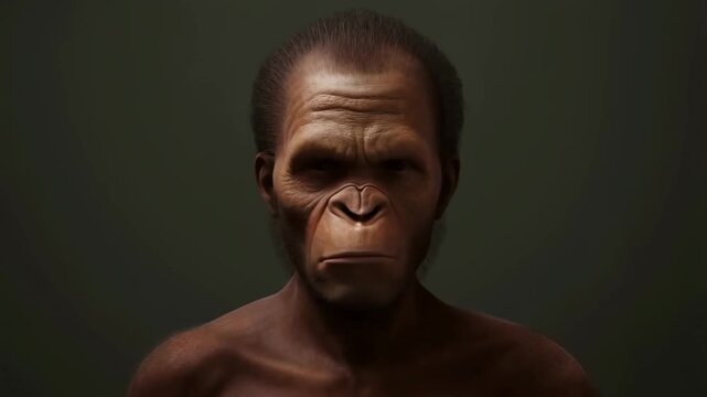Evolutionary portrait: closeup of early human ancestor with facial details and expressions
