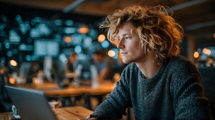 Young blonde woman working on laptop in modern cafe with warm lighting and bokeh background creating cozy atmosphere for remote work and productivity.