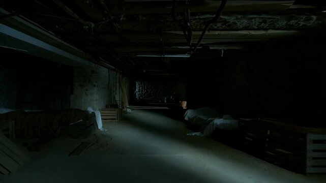 Mysterious empty basement with flickering light and covered furniture