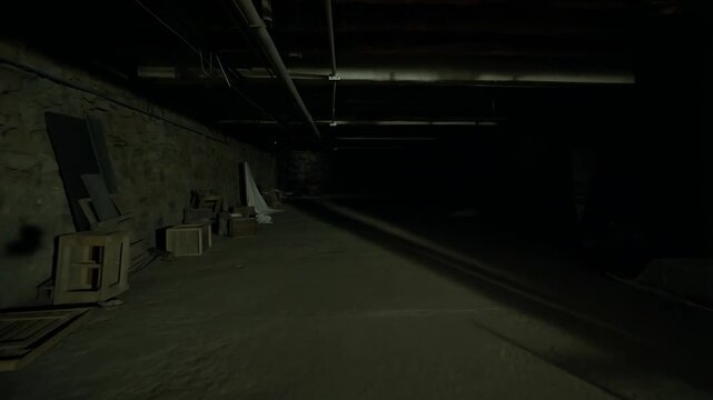 Mysterious light movement in dark basement with shadowy corners