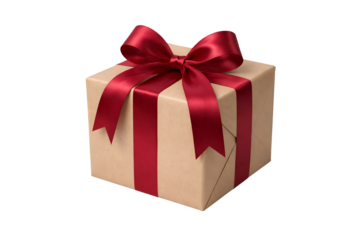 Elegant gift box wrapped in brown paper with big red bow on transparent background