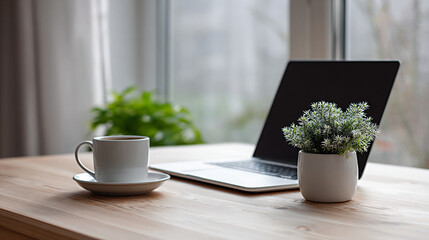 Coffee cup on wooden table beside laptop and small potted plant, creating a cozy workspace atmosphere with natural light and greenery enhancing productivity and focus