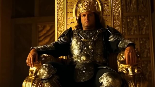 Regal monarchy: a king in ornate armor seated majestically on a golden throne