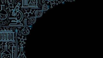 Science laboratory equipment and chemistry symbols in blue line art style on black background with copy space for text and design projects.