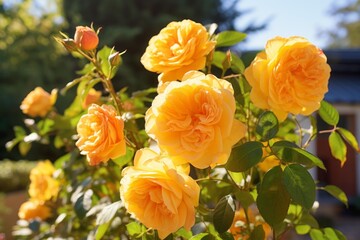 Beautiful golden yellow english roses blooming in a garden, illuminated by warm summer sunlight
