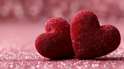 Obraz premium Two sparkling red glittery hearts on shimmering pink background for Valentine's Day romance love celebration greeting cards wedding anniversary.