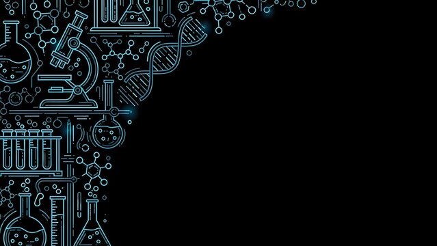 Science laboratory equipment and chemistry symbols in blue line art style on black background with copy space for text and design projects.