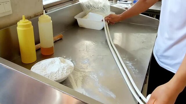 The chef is making Chinese hand-pulled noodles	