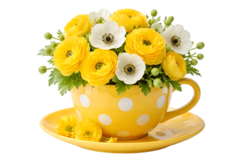 Yellow polka dot teacup filled with yellow and white flowers isolated on transparent background