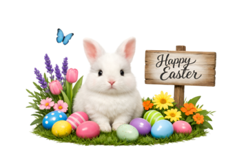 White Easter rabbit in garden with colorful eggs flowers and wooden sign isolated on transparent background