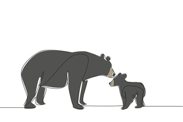 Single continuous line drawing the mother black bear was face to face with the cub, and kissed its head. Unique view at the zoo. Predator. National Black Bear Day. One line design vector illustration