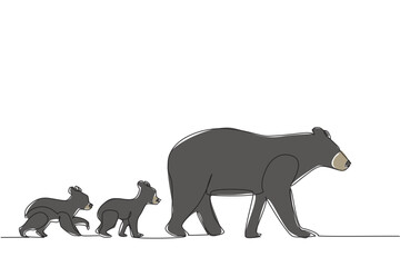 Single continuous line drawing mother black bear walking with 2 cubs walking following her mother behind. Teaching hunting. Predator. National Black Bear Day. One line design vector illustration