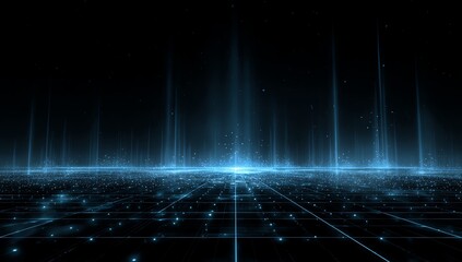 A mesmerizing digital landscape featuring glowing blue lines and points against a dark background, representing data transmission, connectivity, and futuristic technology concepts.