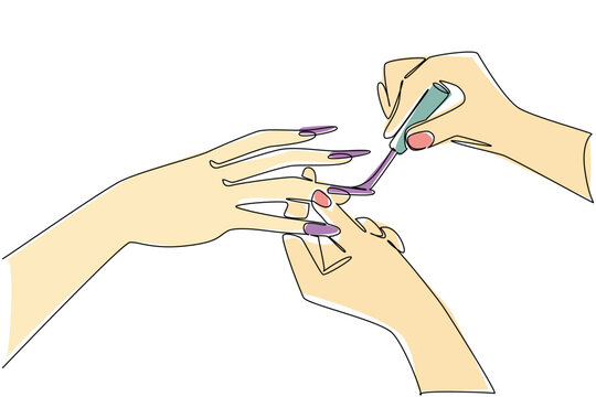 Continuous one line drawing nails painted by pair of hands. Inviting nail care personnel. Preparing to look glamorous at the party National Nail Polish Day. Single line draw design vector illustration